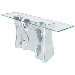 Grande console en verre moulé de forme libre et organique à motif de vague avec plateau en verre