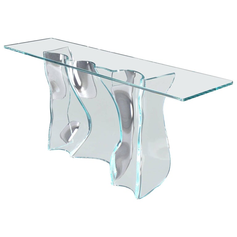Organic Free Form Molded Glass Wave, Long Glass Console Table