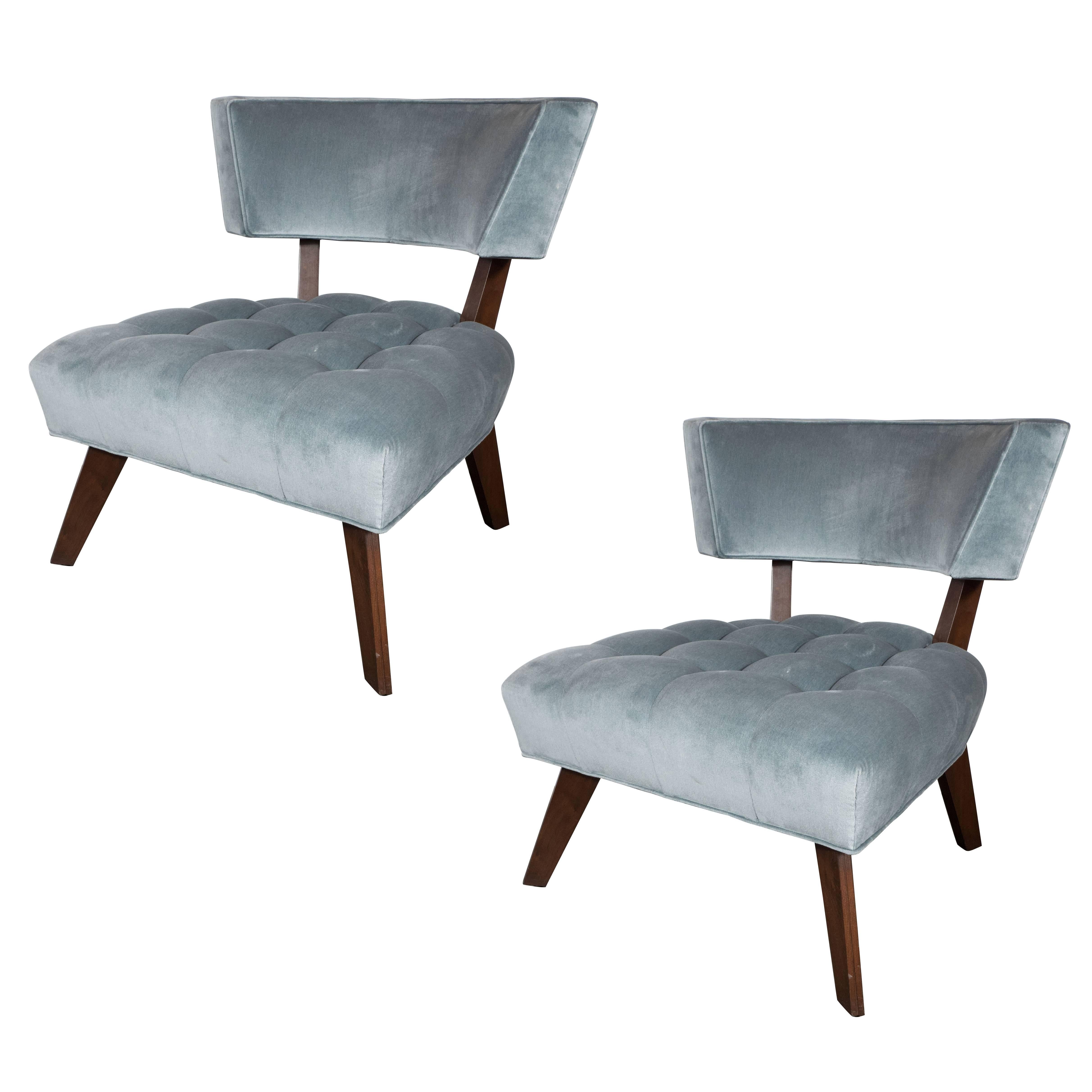 Classic Pair of Klismos Chairs by Billy Haines in Walnut and Blue Velvet