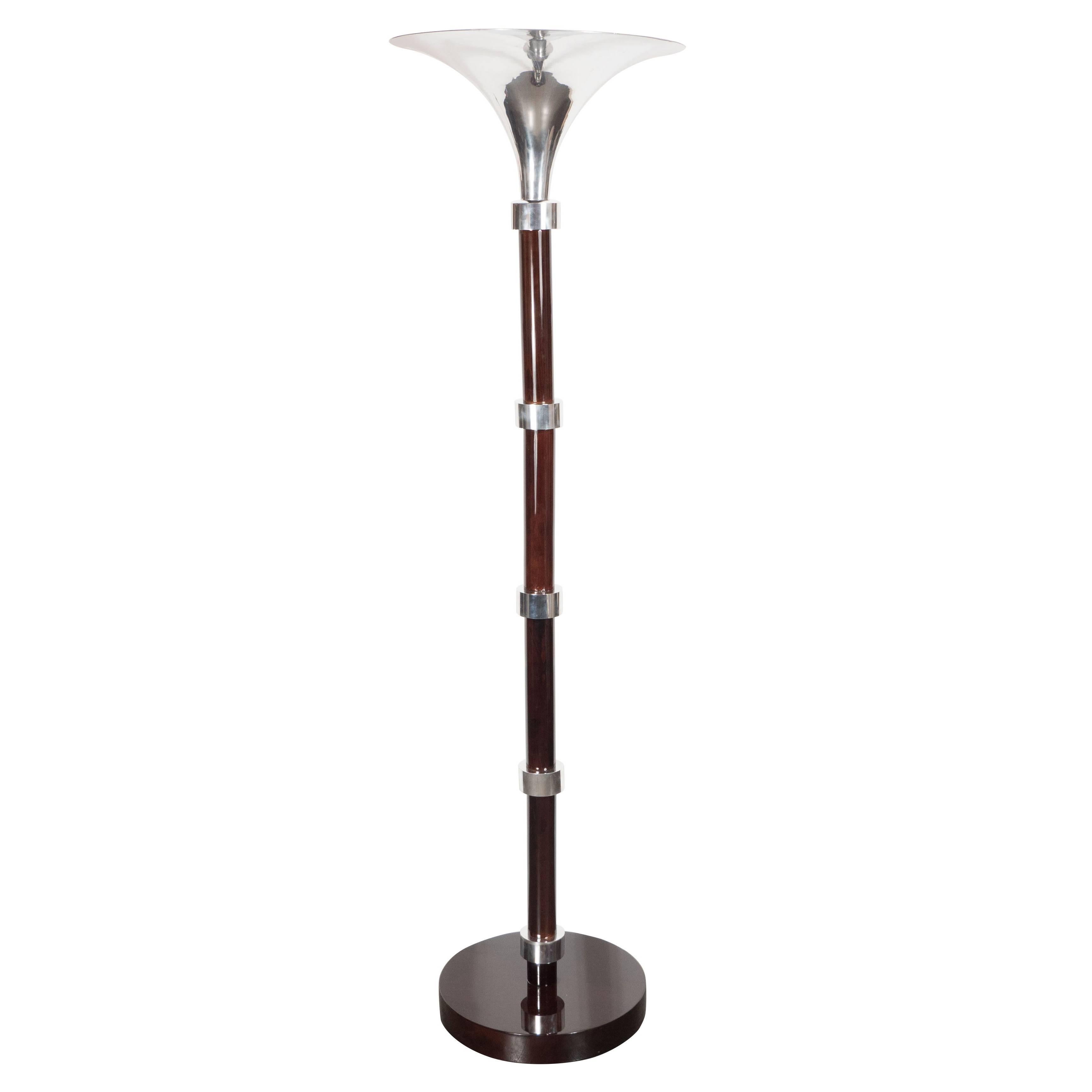 French Art Deco Mahogany and Chrome Skyscraper Style Torchiere Lamp