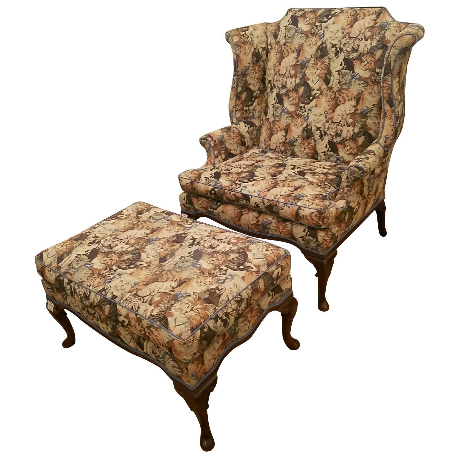 19th Century Oversized Queen Anne Wing Chair and Ottoman For Sale