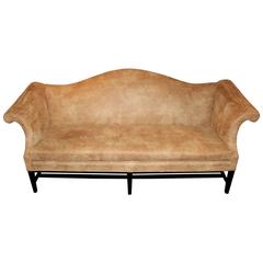 Vintage Chippendale Style Mahogany Camelback Sofa in Faux Cork Upholstery