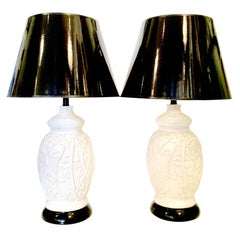 1960'S Hollywood Regency Ceramic Glaze Ginger Jar Faux Bamboo Lamps