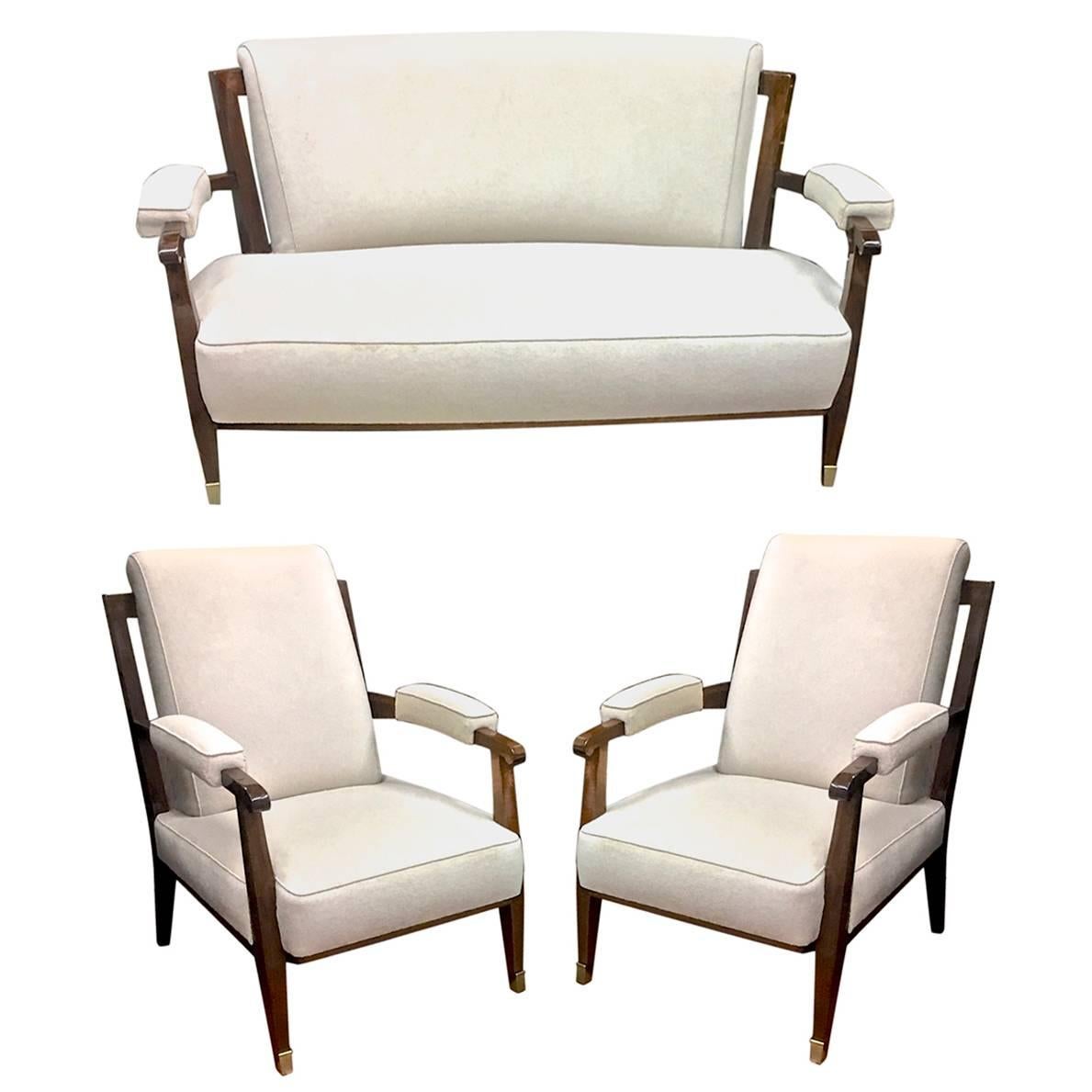 Jules Leleu Chicest Documented Rare Set of One Curved Couch and Two Chair