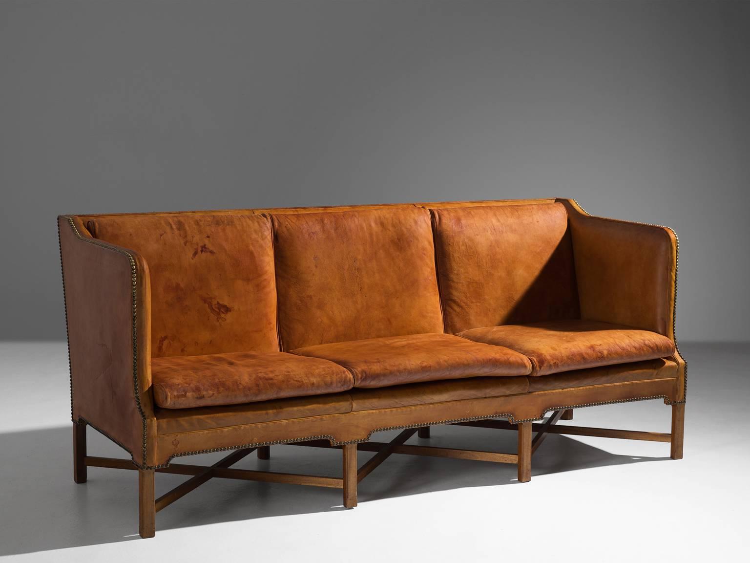 Scandinavian Modern Kaare Klint Sofa Model 4118 in Mahogany and Original Cognac Leather