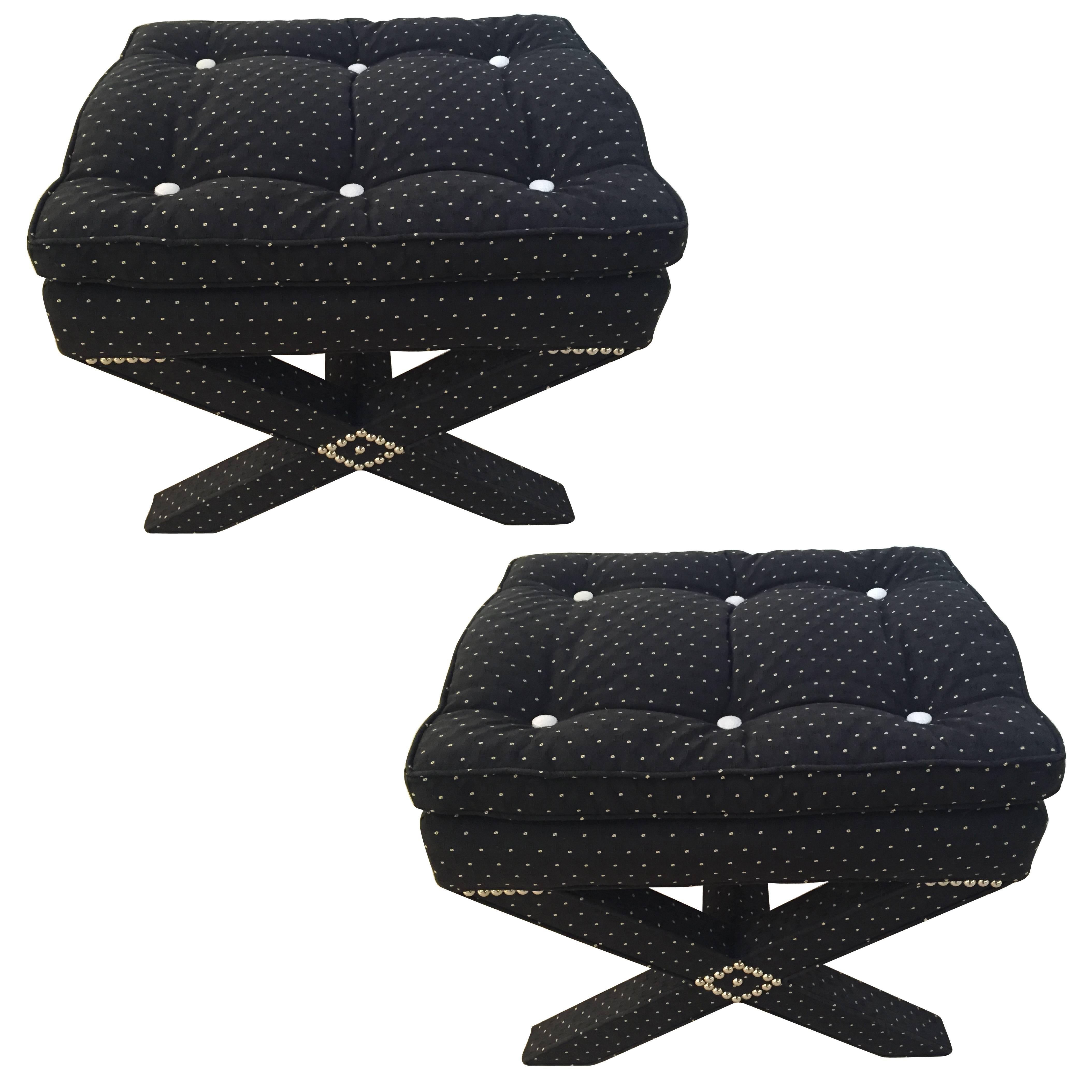 Pair of Billy Baldwin Style Polka Dot X Stools, Steel Nailheads White Buttons