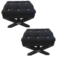 Pair of Billy Baldwin Style Polka Dot X Stools, Steel Nailheads White Buttons