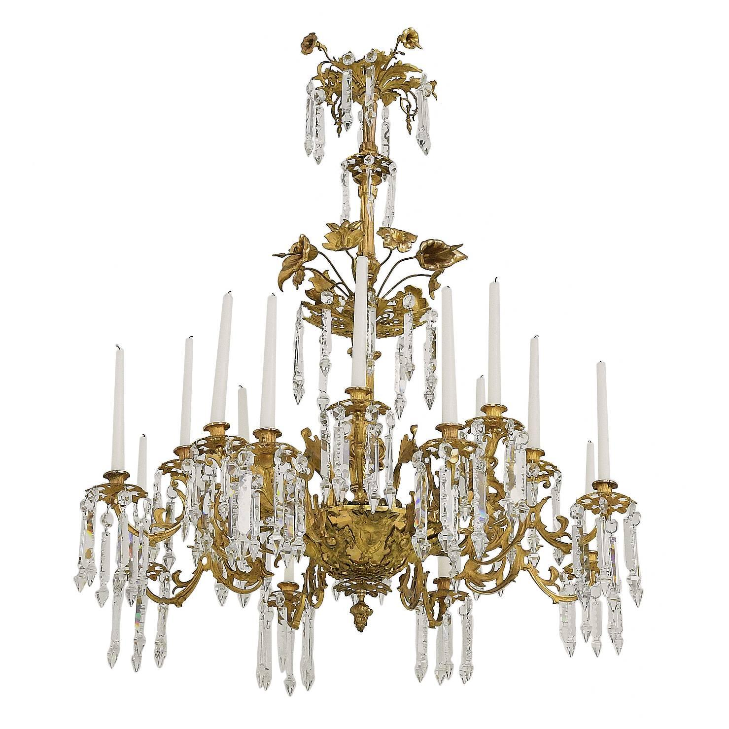 French Rococo Style Bronze Doré Chandelier with 16 Candles & 6 lights, ca 1840
