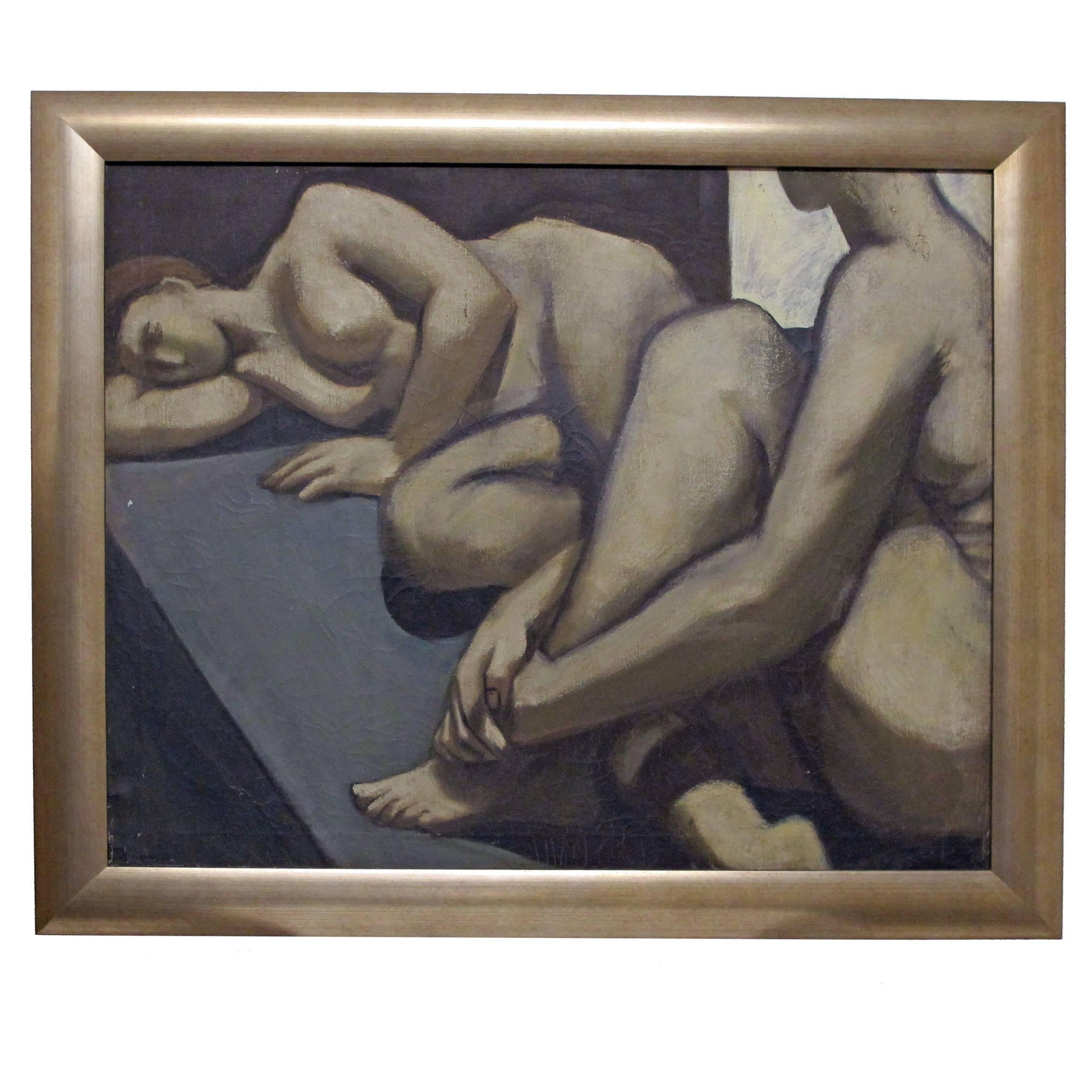 Grande peinture figurative d'un nu figuratif par David Ladin, États-Unis, milieu du XXe siècle