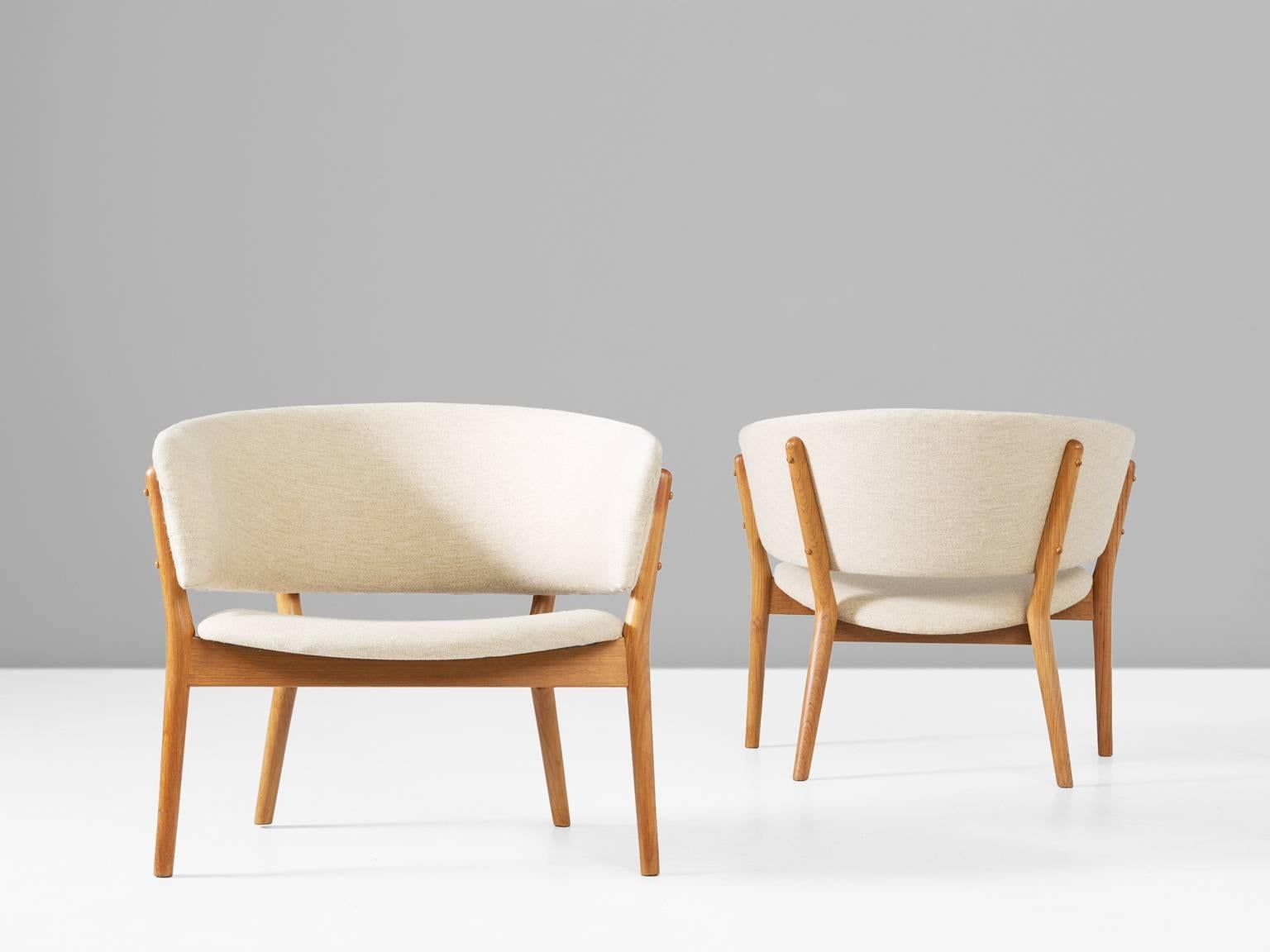 Danish Nanna Ditzel Set of Two Lounge Chairs in Teak and Off-White Fabric