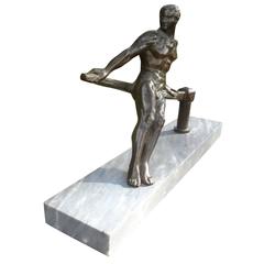 French Art Deco Bronze Male Sculpture On Marble Base, Signed Fugère