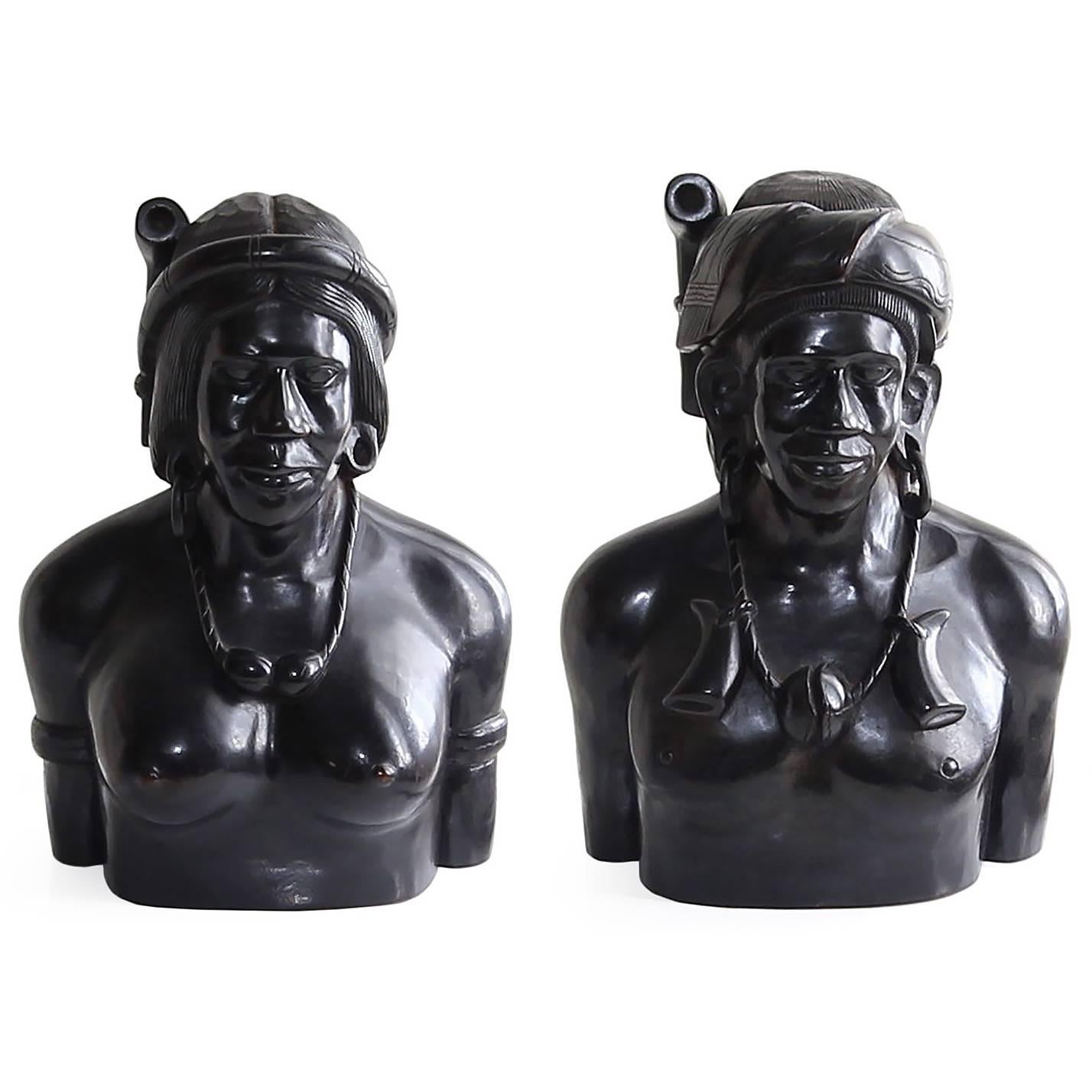 Incredible Pair of Hand-Carved Wood Bust Sculptures of Tribal Shaman Figures For Sale