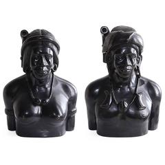 Retro Incredible Pair of Hand-Carved Wood Bust Sculptures of Tribal Shaman Figures