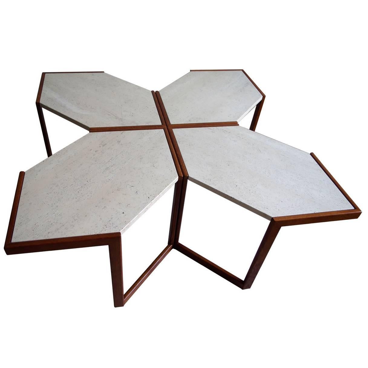 Set of Four Italian Modular Wood and Stone Coffee Side Sofa Tables, 1960s