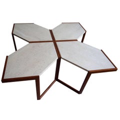 Vintage Set of Four Italian Modular Wood and Stone Coffee Side Sofa Tables, 1960s