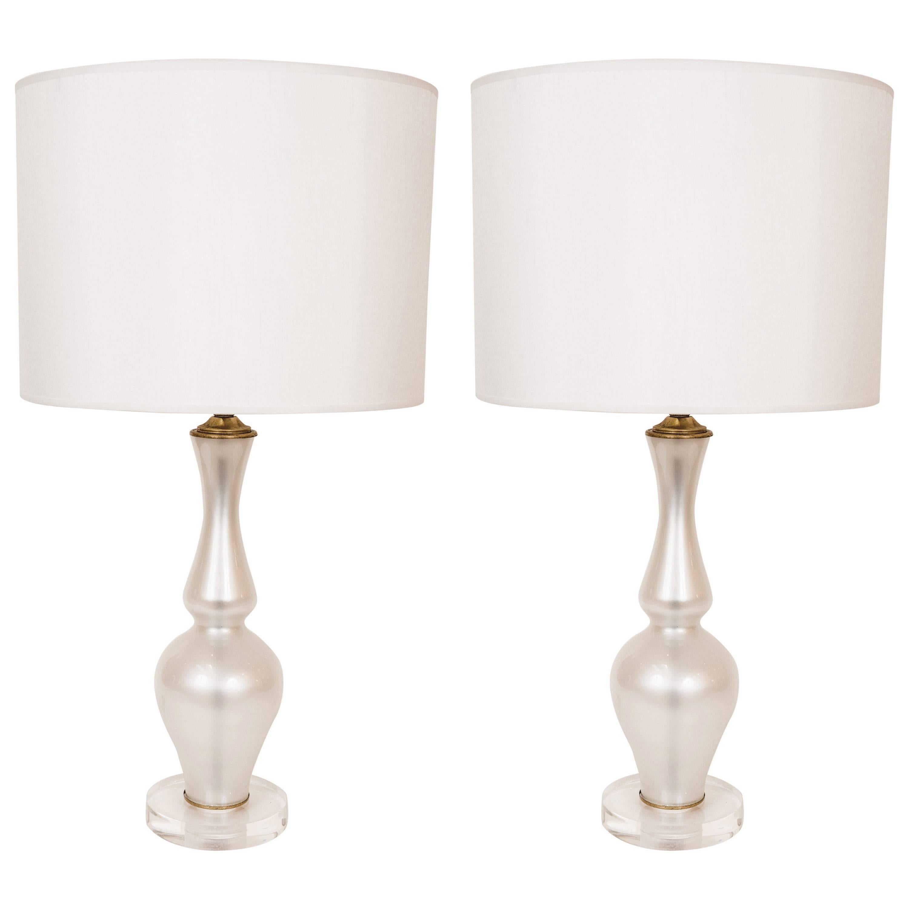 Pair of White Venetian Glass Lamps from Italy, circa 1960