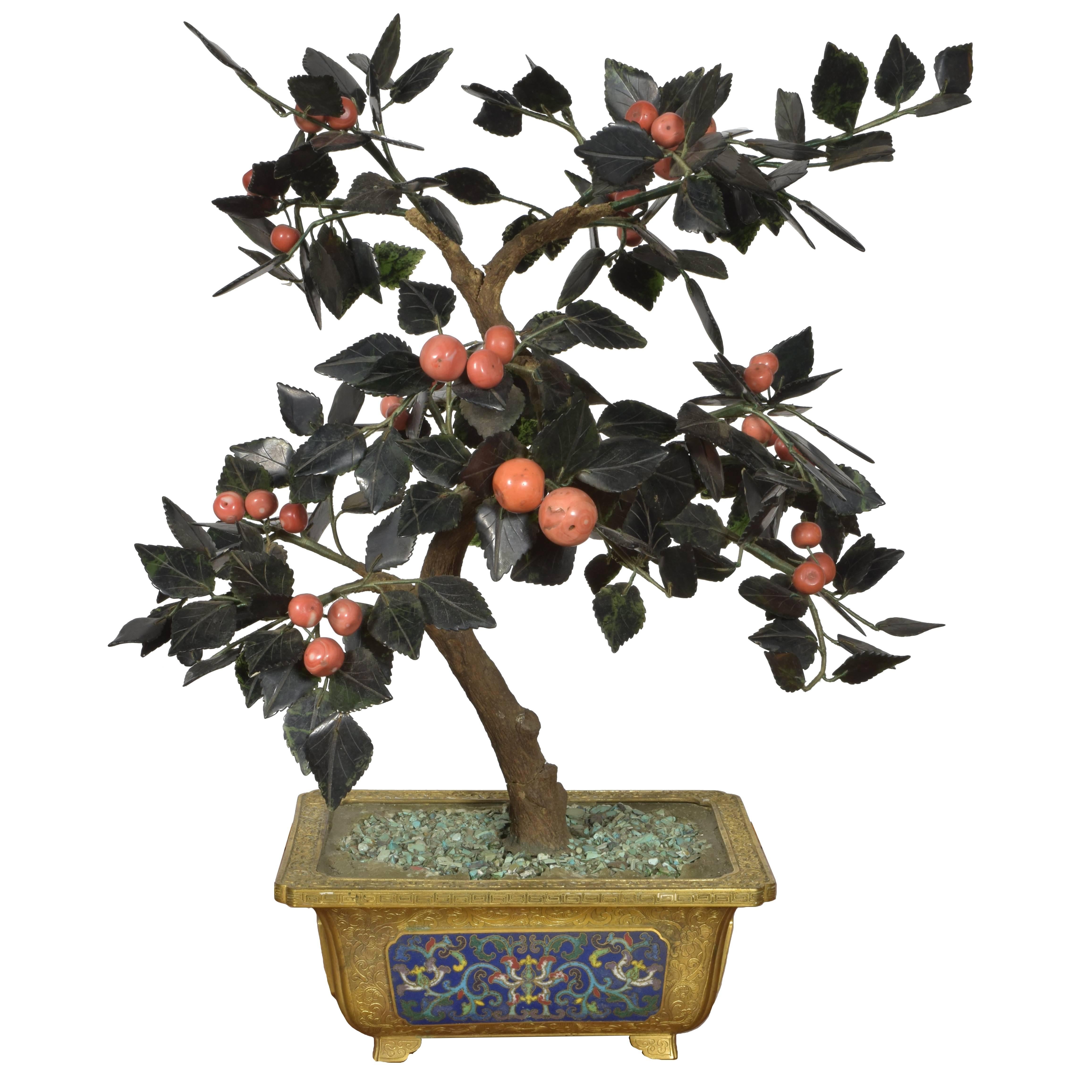 Chinese Hardstone Tree in Cloisonné Cachepot
