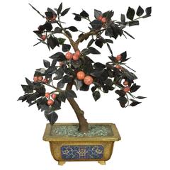 Chinese Hardstone Tree in Cloisonné Cachepot