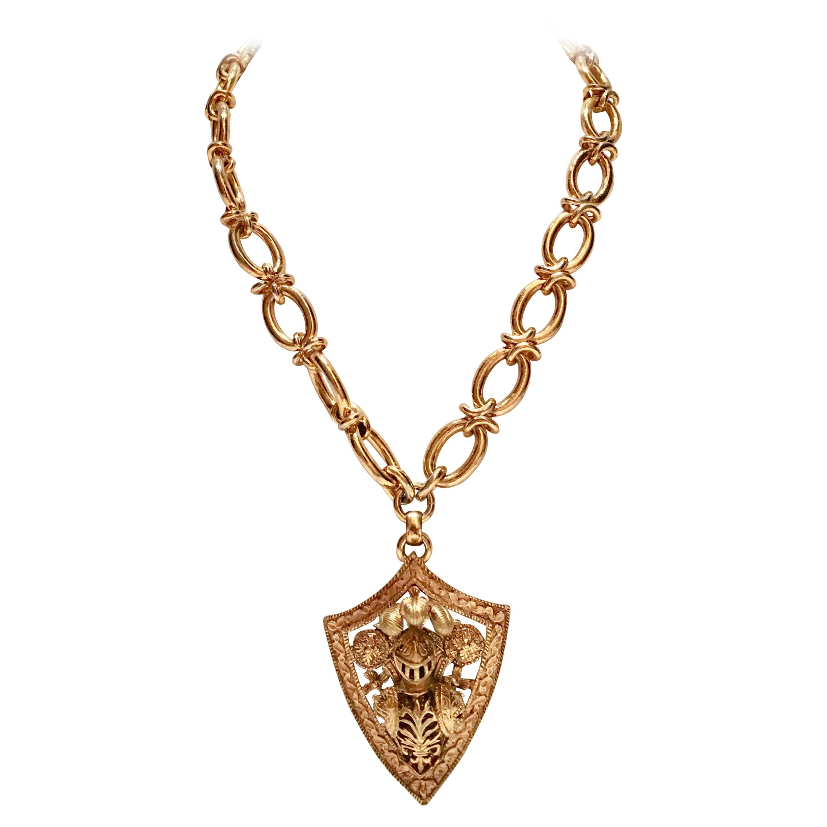 Vintage Gold "Bergere" 3D Knights Shield Pendant Necklace
