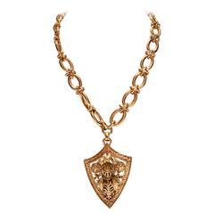 Retro Gold "Bergere" 3D Knights Shield Pendant Necklace