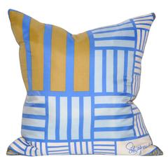 Vintage Schiaparelli Blue Geometric Silk Scarf with Irish Linen Cushion Pillow