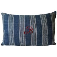 Red Monogrammed French Indigo Linen Striped Pillow