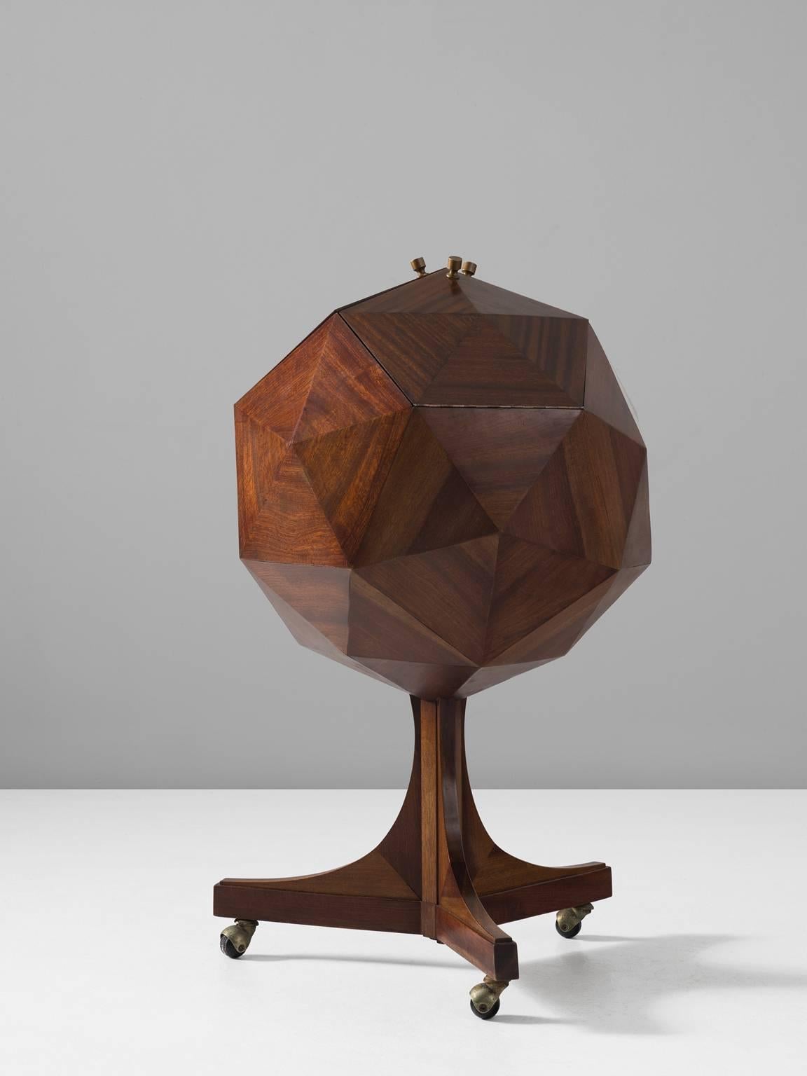 Bar, in mahogany and metal, Attributed to Ico & Luisa Parisi, Italy, 1950s. 

Polygon globe-shaped bar cart in mahogany. This bar cart has a stunning appearance. It reminds of classical globe shaped dry bars. Yet this object has a very modern