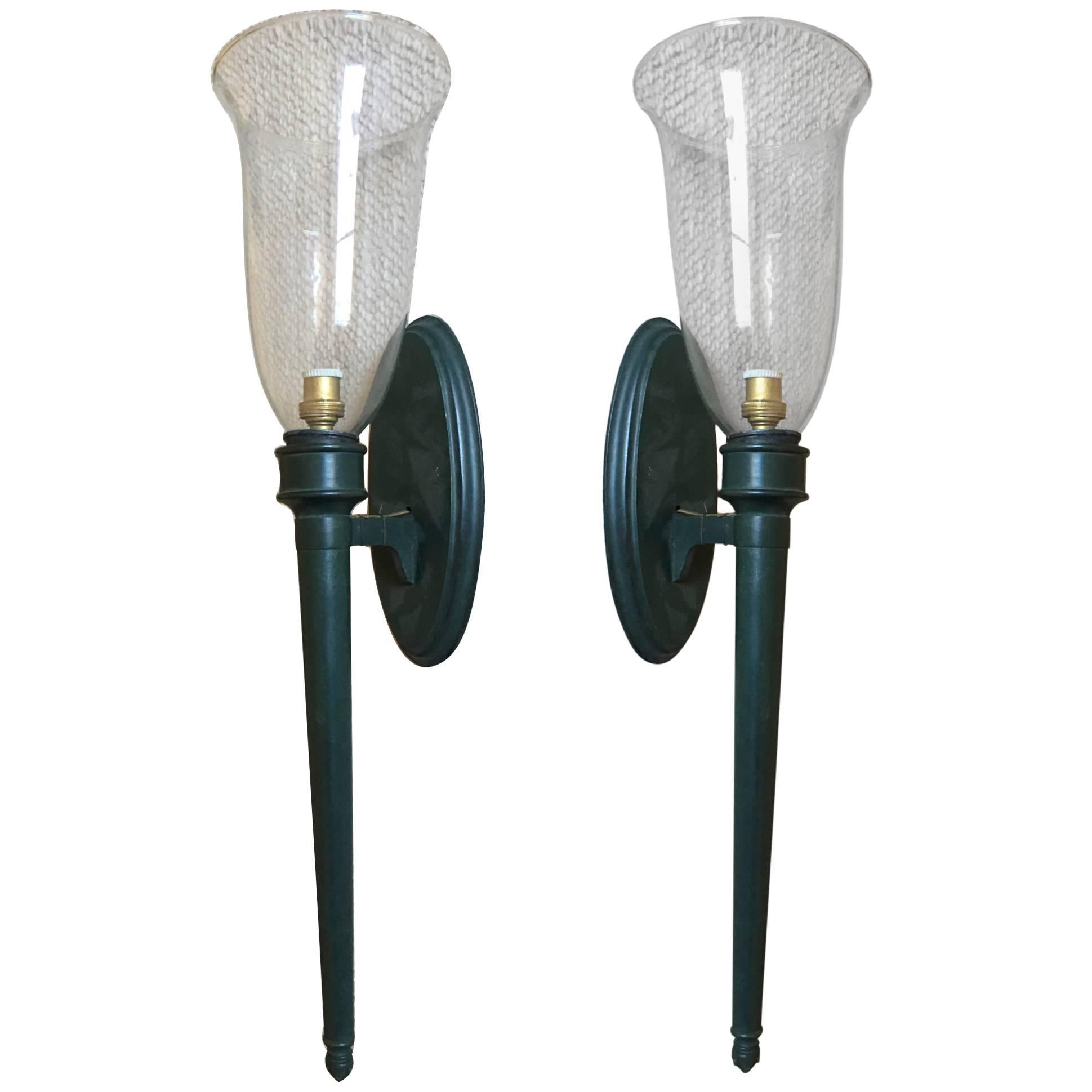 Style of Andre Arbus Pair of Chic 1940s Sconces with a Green Antic Patina For Sale