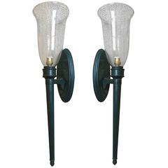 Style of Andre Arbus Pair of Chic 1940s Sconces with a Green Antic Patina