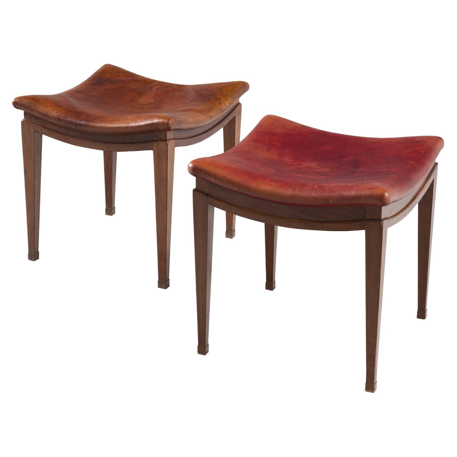 Frits Henningsen Pair of Stools in Mahogany and Patinated Leather 