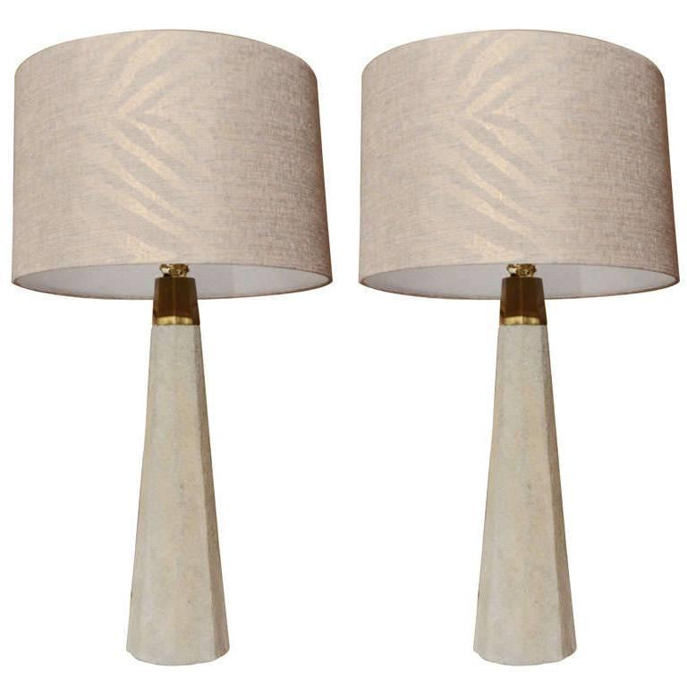 Pair of Poured Concrete Lamp with Brass Trim For Sale