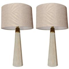 Pair of Poured Concrete Lamp with Brass Trim