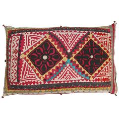 Double Sided Antique Indian Applique Pillow Red, Yellow, Black, Turquoise Blue