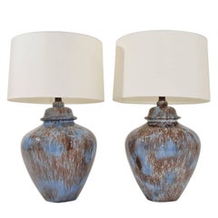Large Pair of Drip Glaze Ceramic Lamps in Blue and Brown