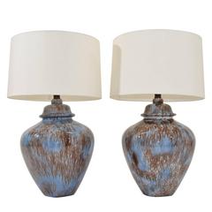 Large Pair of Drip Glaze Ceramic Lamps in Blue and Brown 2
