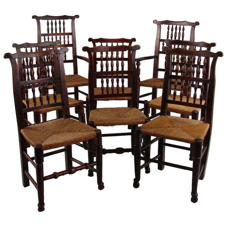 English Elm Provincial Spindle Back Chairs with Rush Seats, Set of 8 at