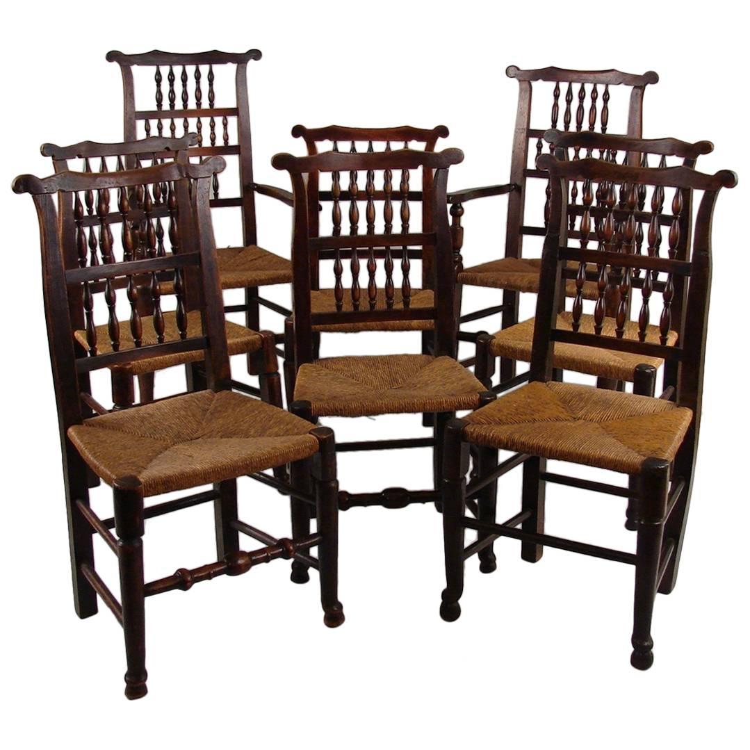 English Elm Provincial Spindle Back Chairs with Rush Seats, Set of 8