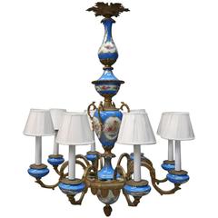 Gilt Bronze Eight-Light Chandelier, Traditional Sevres Style Porcelain Inserts