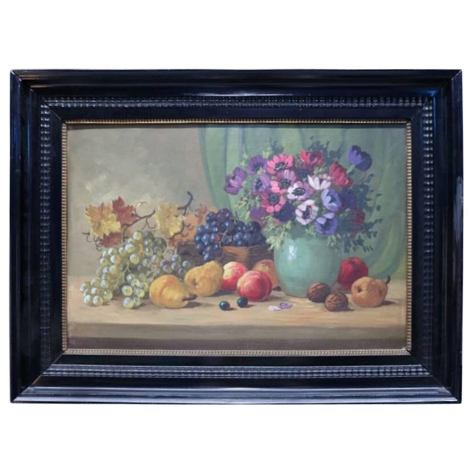 Oil on Board Continental School Floral and Fruit Still Life, 20th Century