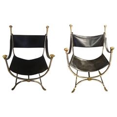 Rare Pair of Maison Jansen Steel and Brass Savonarola Chairs
