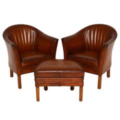 Pair of Swedish Antique Leather Tub Armchairs and Stool