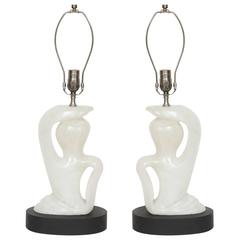 French Modernist Carved White Alabaster Table Lamps
