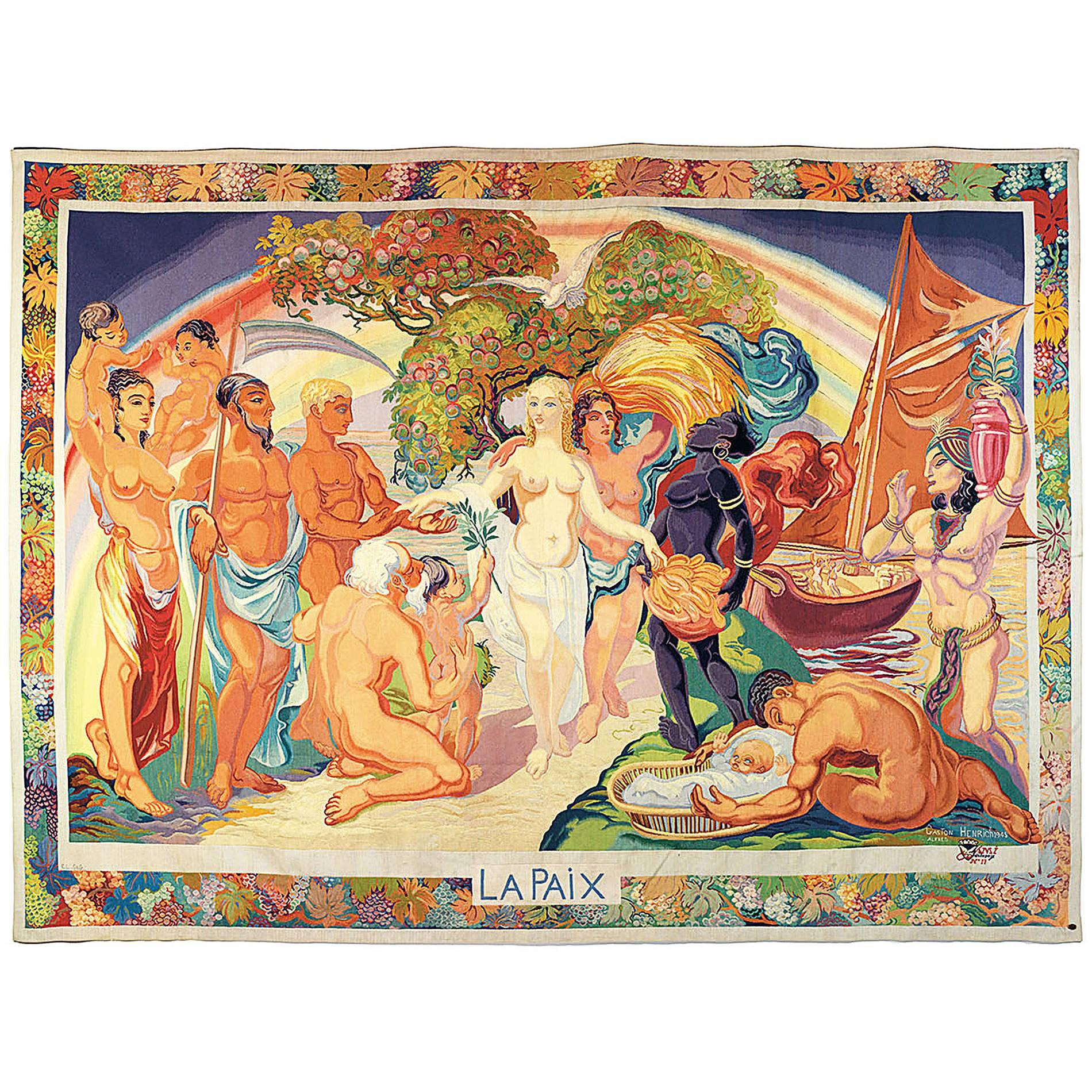 Peace, tapisserie monumentale Art Déco avec déesse de l'abondance et des nus, 1945 en vente