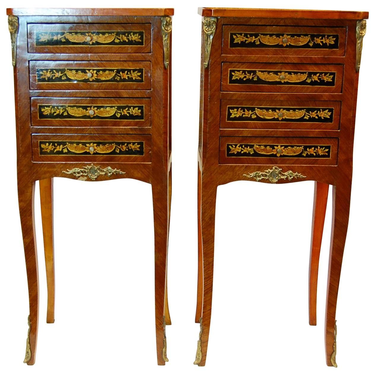 Pair of Reproduction French Style Inlaid Night Tables with Four Drawers