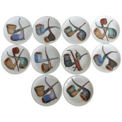 1960s Fornasetti Style Set of Pipe Motif Coasters