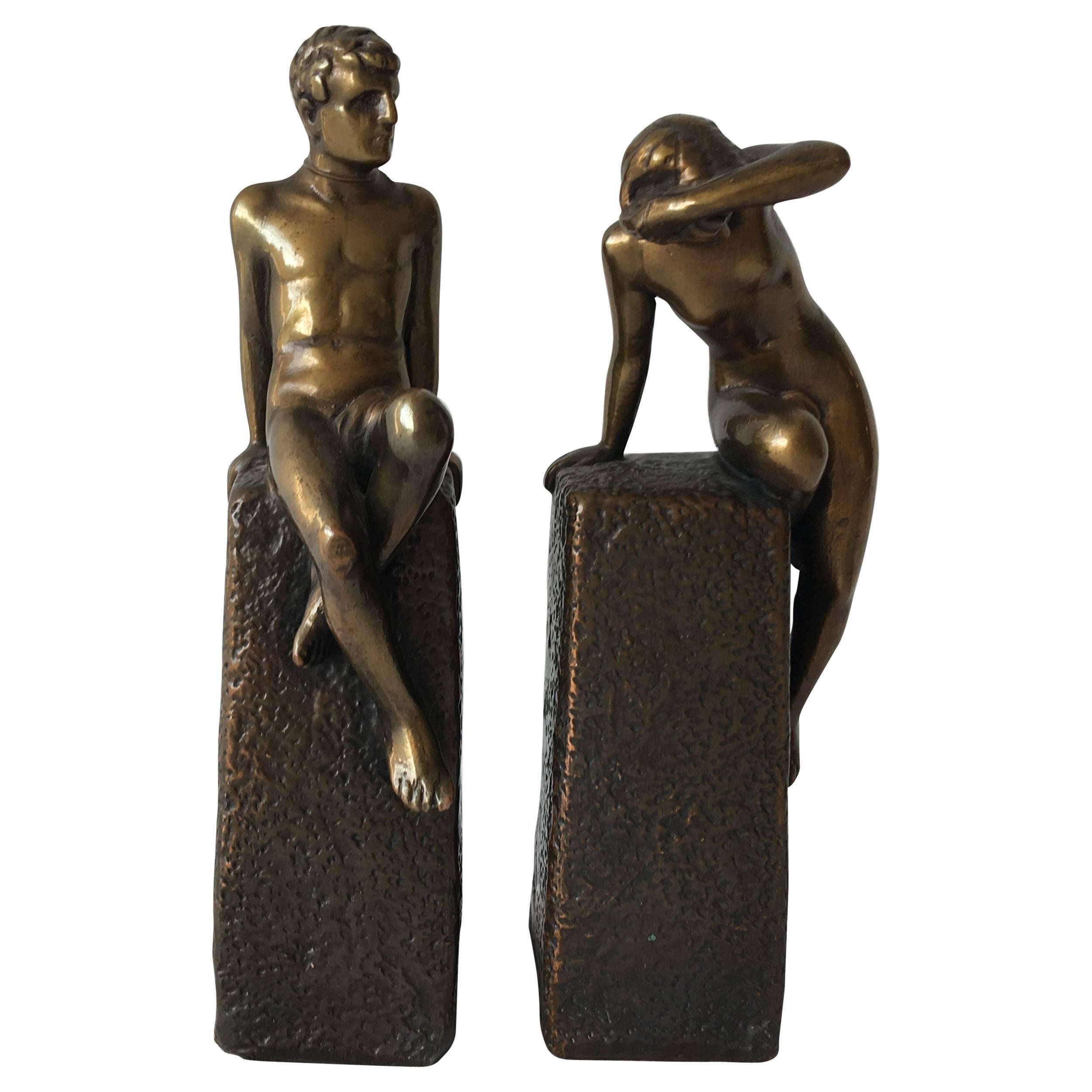 1920s Art Deco Bronze Nude Male and Female Bookends, Pair