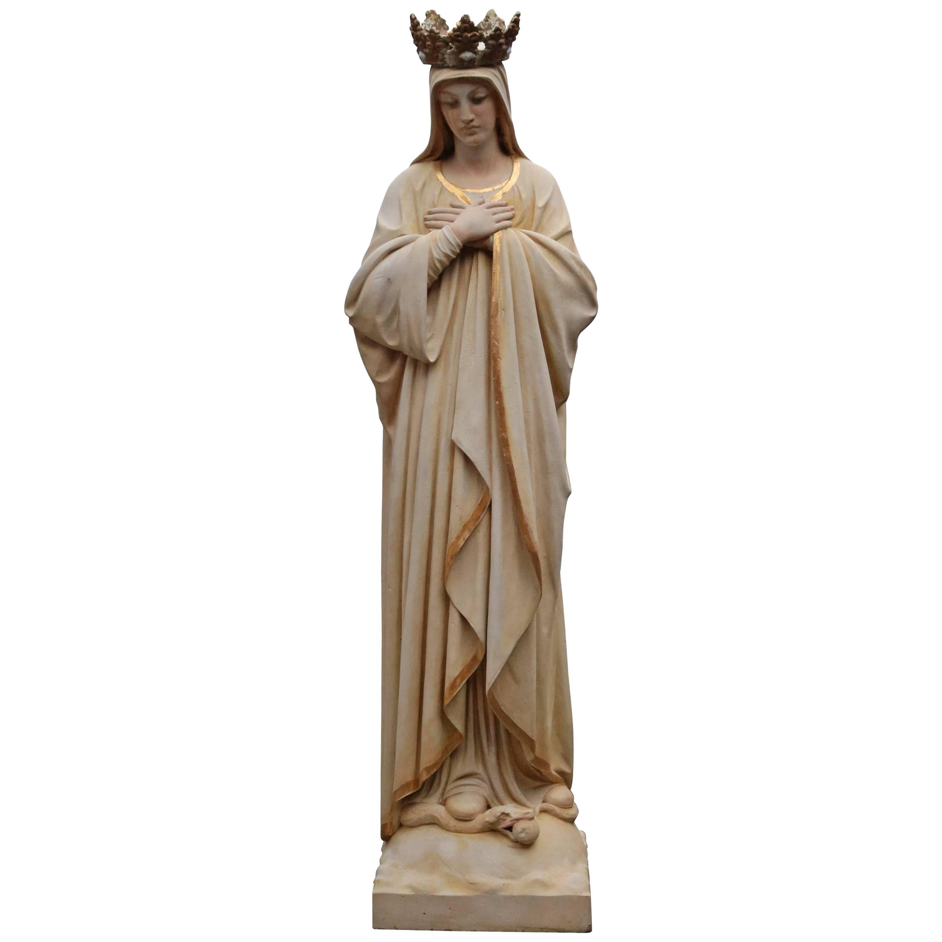 Antique Custom Painted Carved Marble Italian Statue of Mother Mary, circa 1920 4