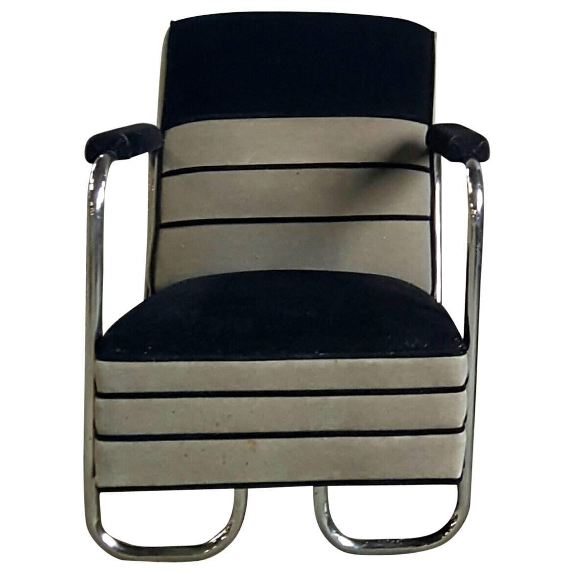  Machine Age, Art Deco Two-Tone Mohair and Chrome Lounge Chair For Sale