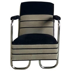Machine Age, Art Deco Two-Tone Mohair and Chrome Lounge Chair