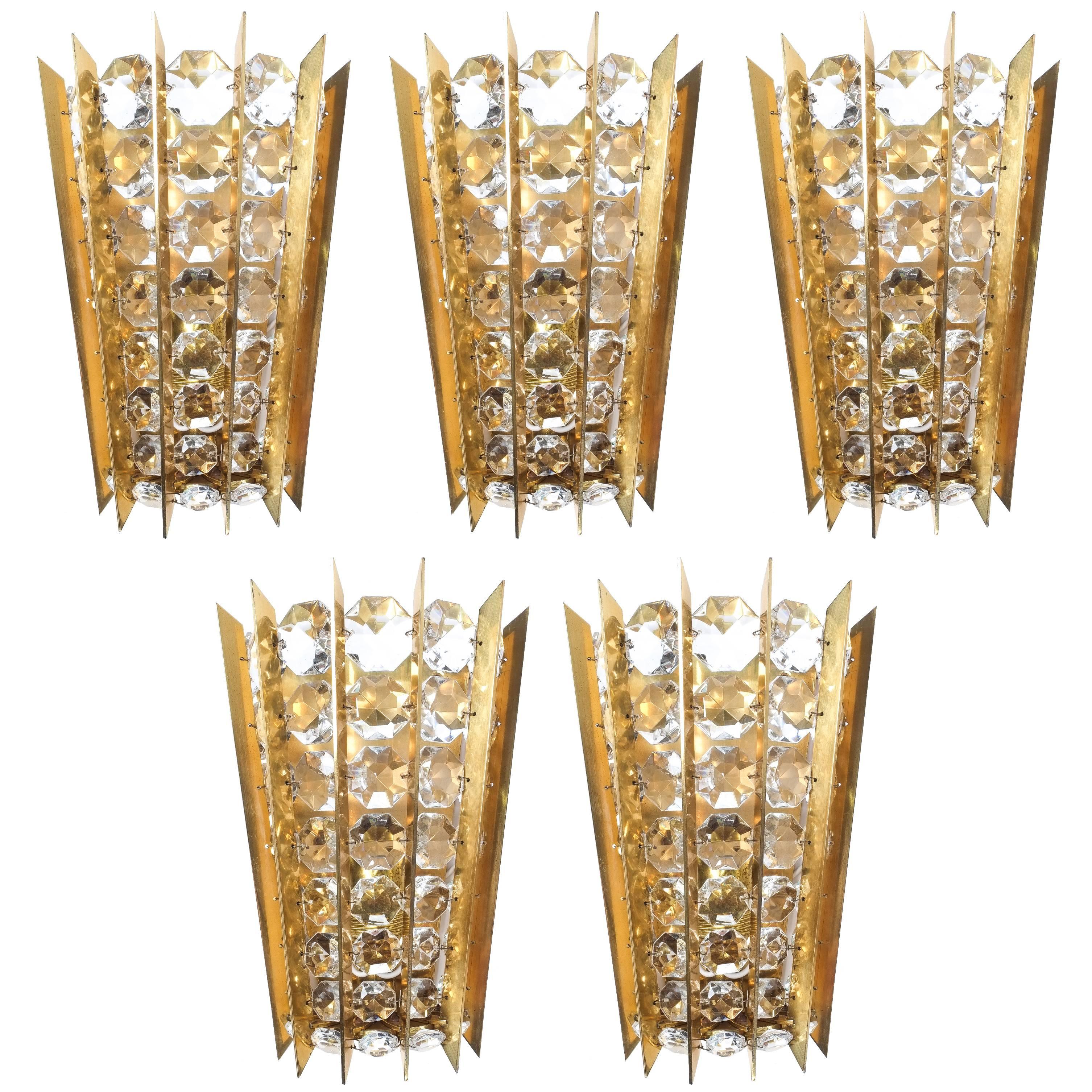 Set of Five Crystal and Brass Sconces by Bakalowits & Sohne For Sale